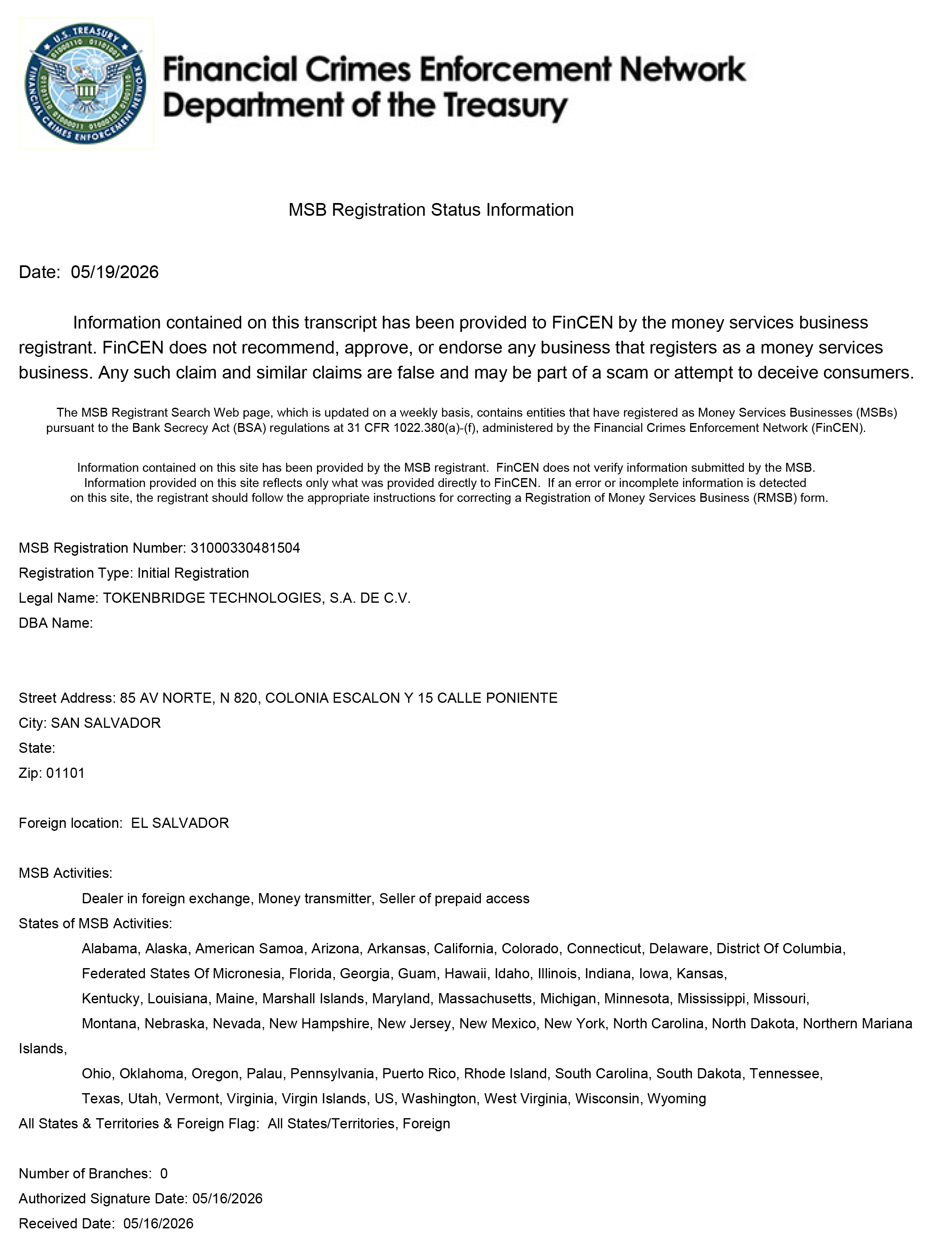 U.S. MSB License